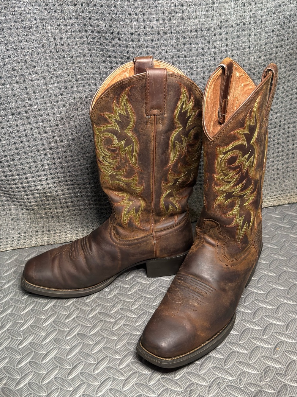 Justin Western Brown Leather Cowboy Boots Green Embroidery Square Toe Size 9.5 D